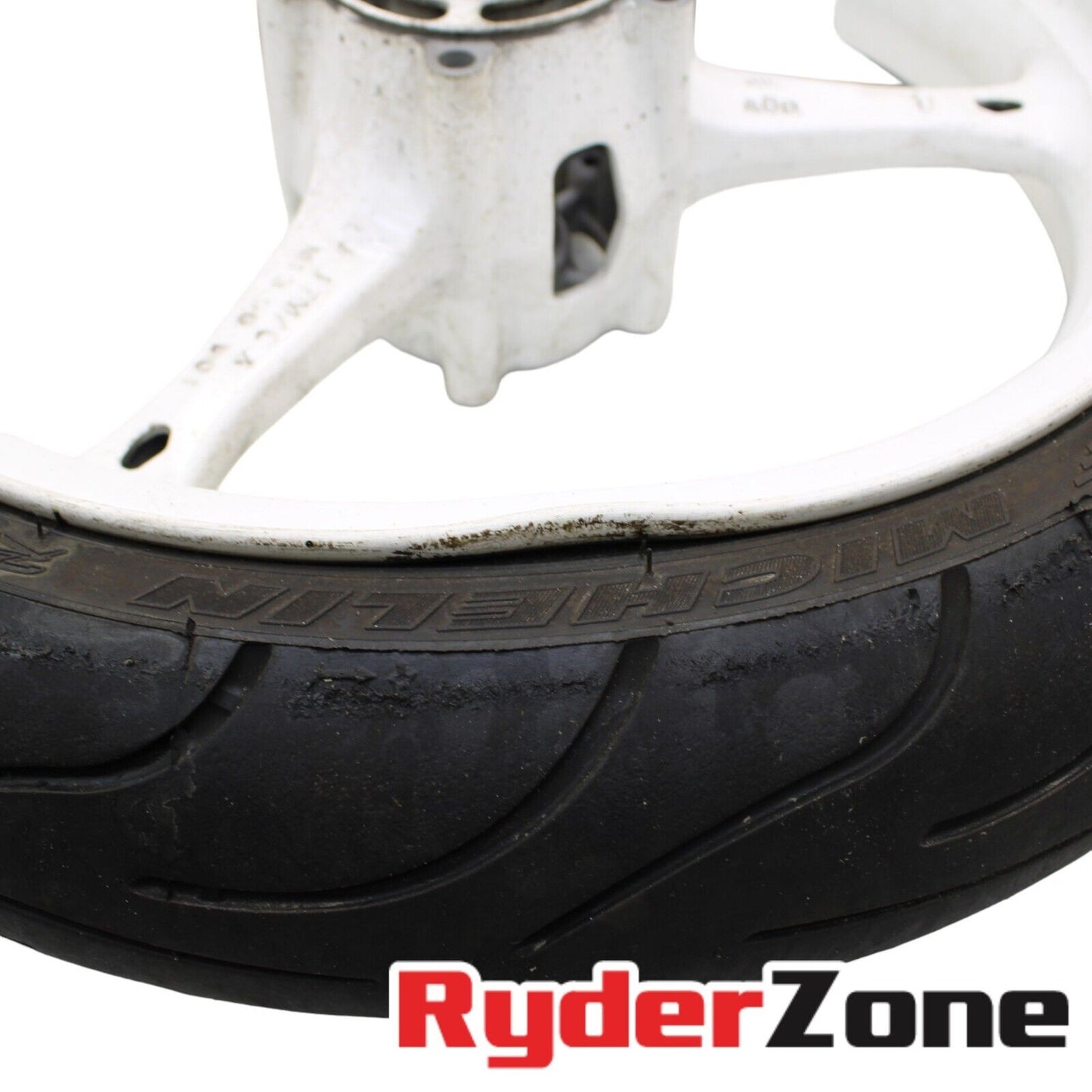 2005 2006 SUZUKI GSXR 1000 FRONT WHEEL WHITE MICHELIN TIRE STRAIGHT RIM *BENT*