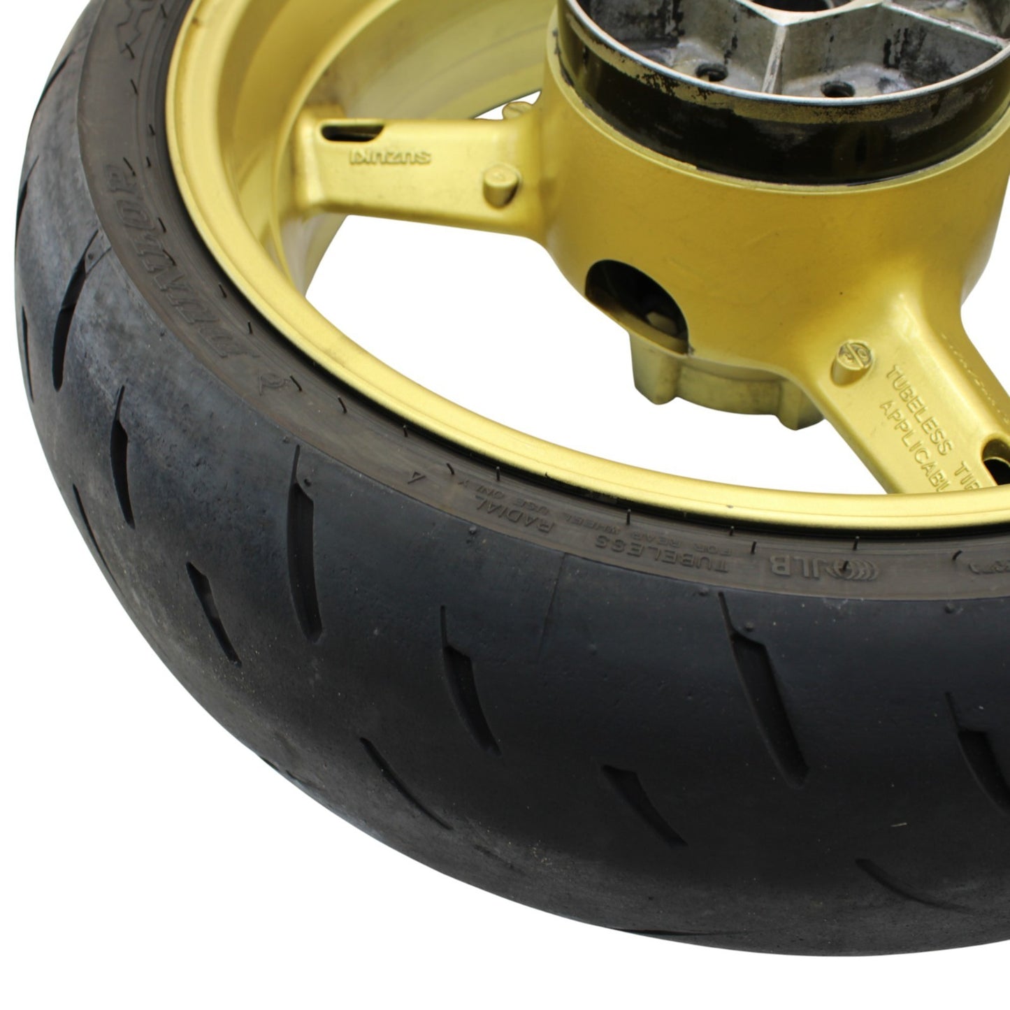 2003 2004 SUZUKI GSXR 1000 REAR WHEEL BACK RIM TIRE RUBBER YELLOW STOCK