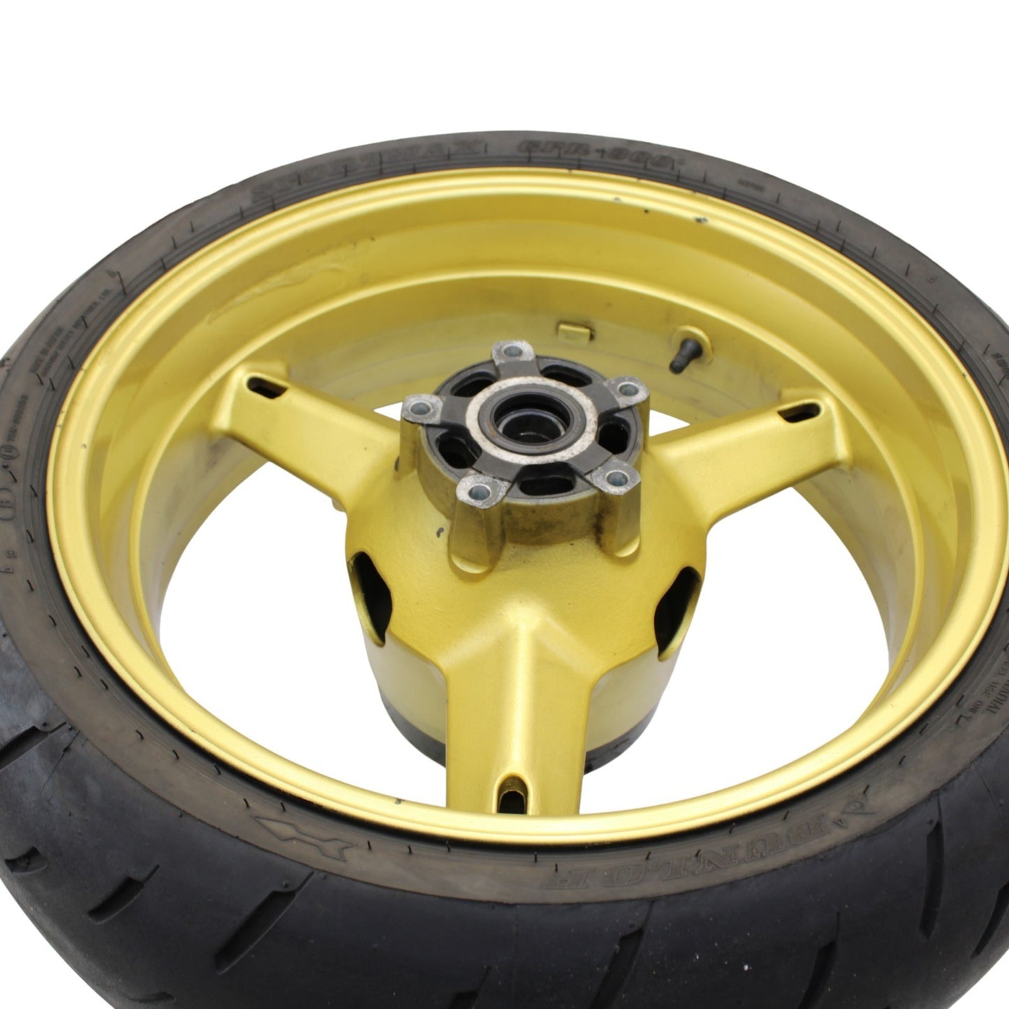 2003 2004 SUZUKI GSXR 1000 REAR WHEEL BACK RIM TIRE RUBBER YELLOW STOCK