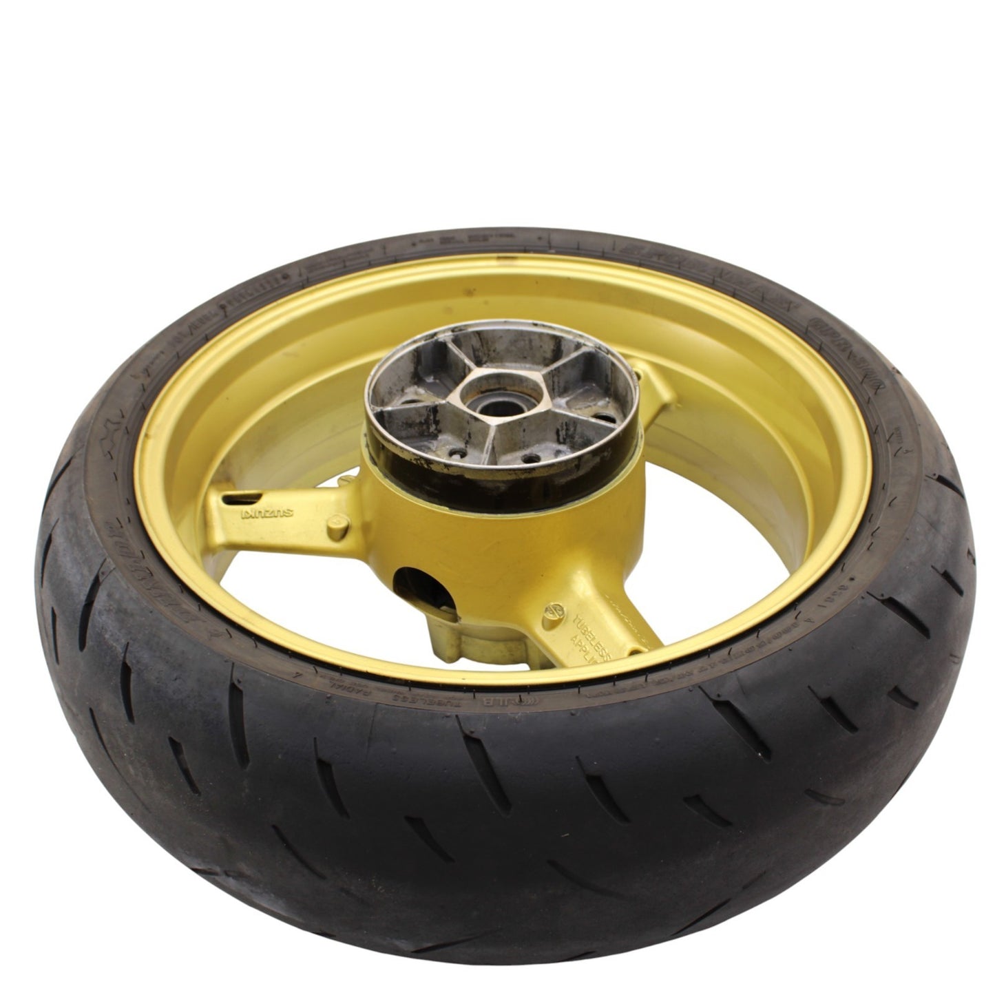 2003 2004 SUZUKI GSXR 1000 REAR WHEEL BACK RIM TIRE RUBBER YELLOW STOCK