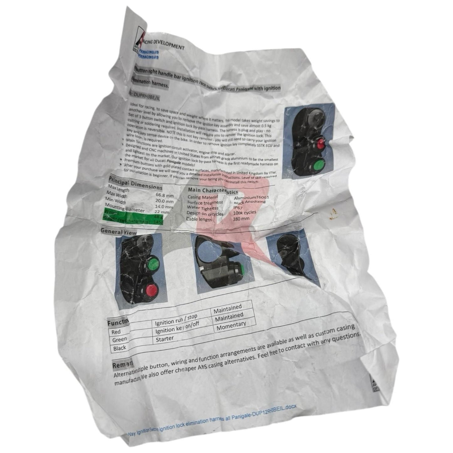2012 - 2015 DUCATI PANIGALE 1199 APEX RACING KILL SWITCH IGNTION RACE SWITCH