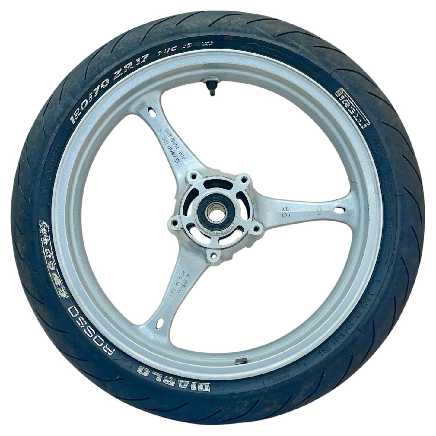 2007 2008 SUZUKI GSXR 1000 FRONT WHEEL RIM TIRE RUBBER SILVER STOCK OEM