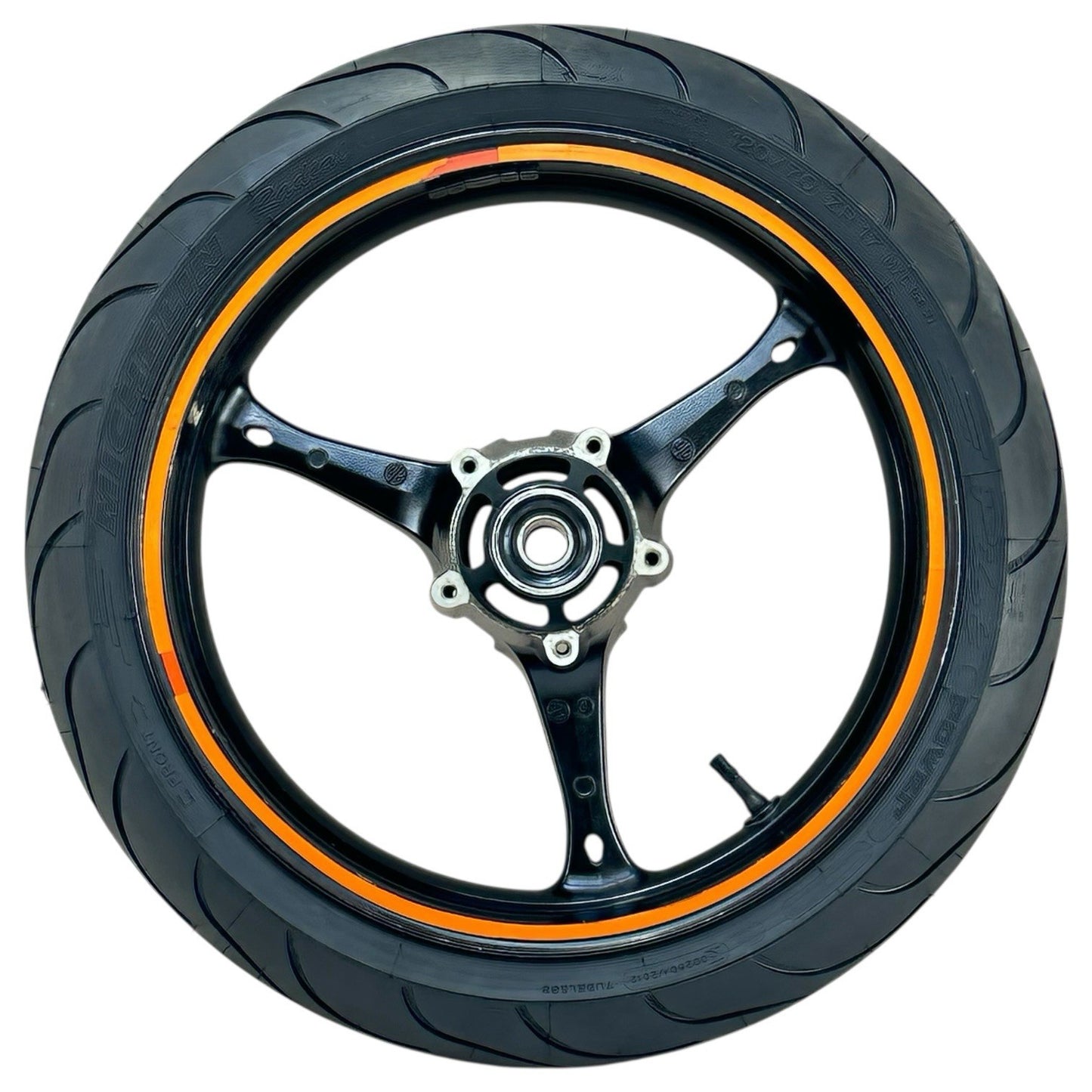 2007 2008 SUZUKI GSXR 1000 FRONT WHEEL RIM TIRE RUBBER BLACK ORANGE STOCK OEM