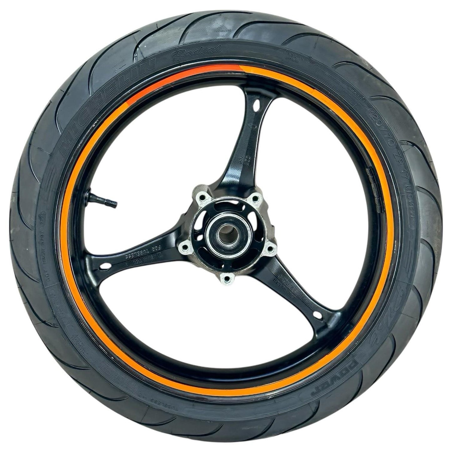 2007 2008 SUZUKI GSXR 1000 FRONT WHEEL RIM TIRE RUBBER BLACK ORANGE STOCK OEM