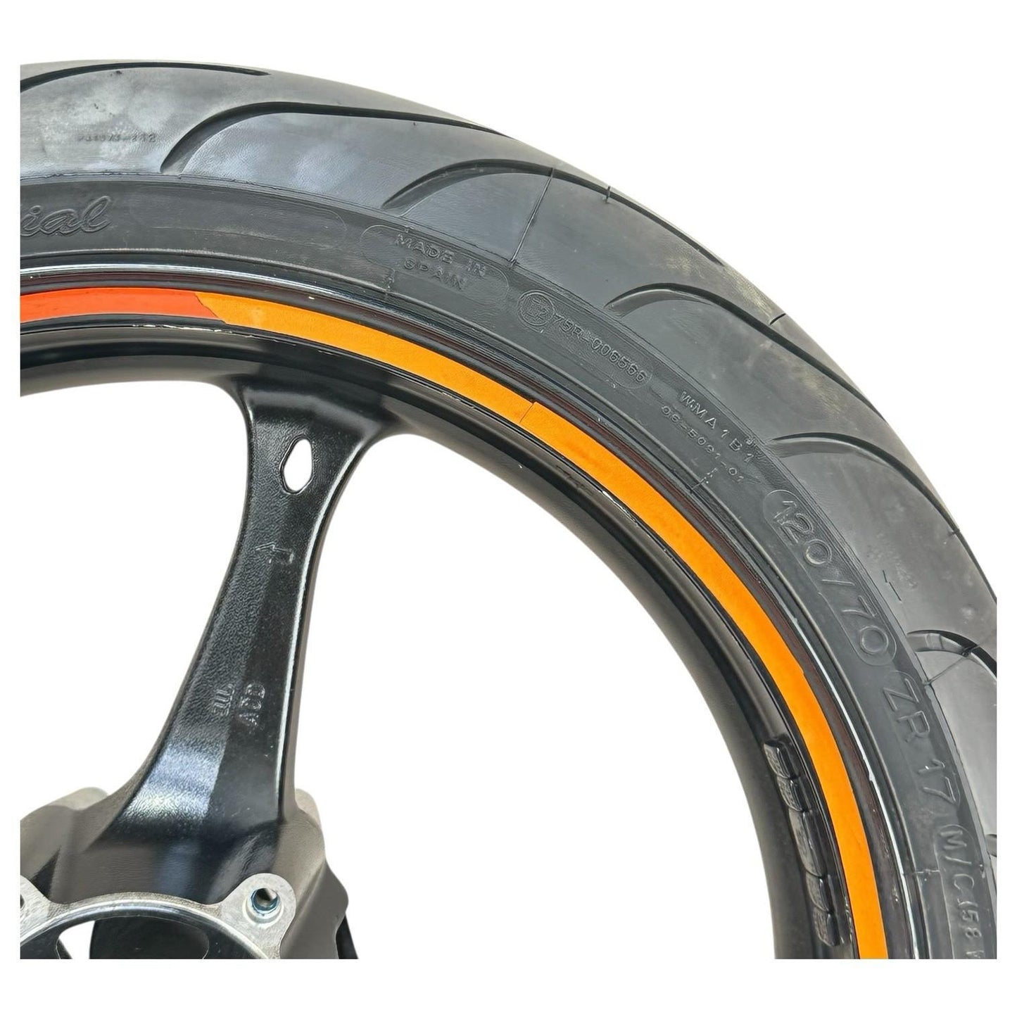 2007 2008 SUZUKI GSXR 1000 FRONT WHEEL RIM TIRE RUBBER BLACK ORANGE STOCK OEM