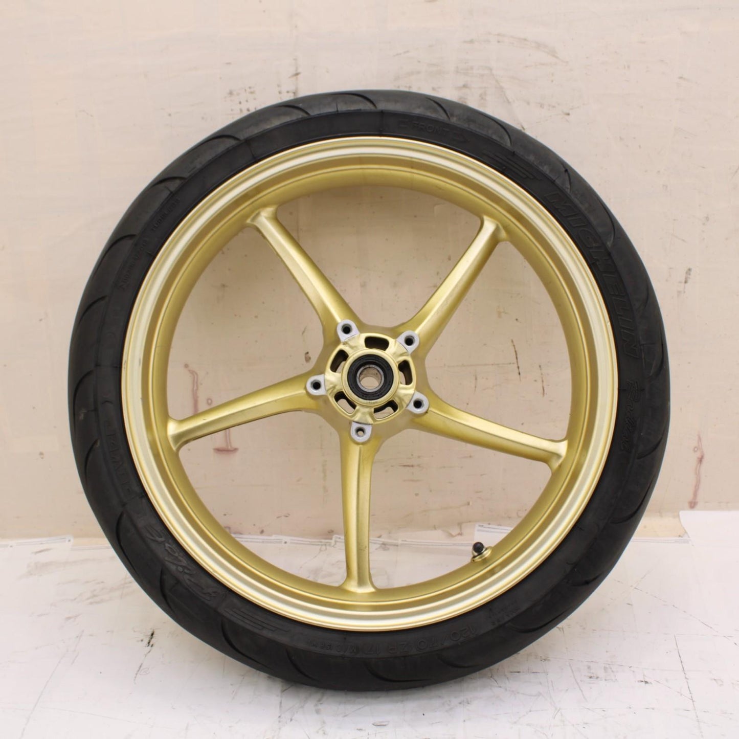 2009 - 2012 TRIUMPH DAYTONA 675 FRONT WHEEL RIM GOLD MICHELIN TIRE STRAIGHT