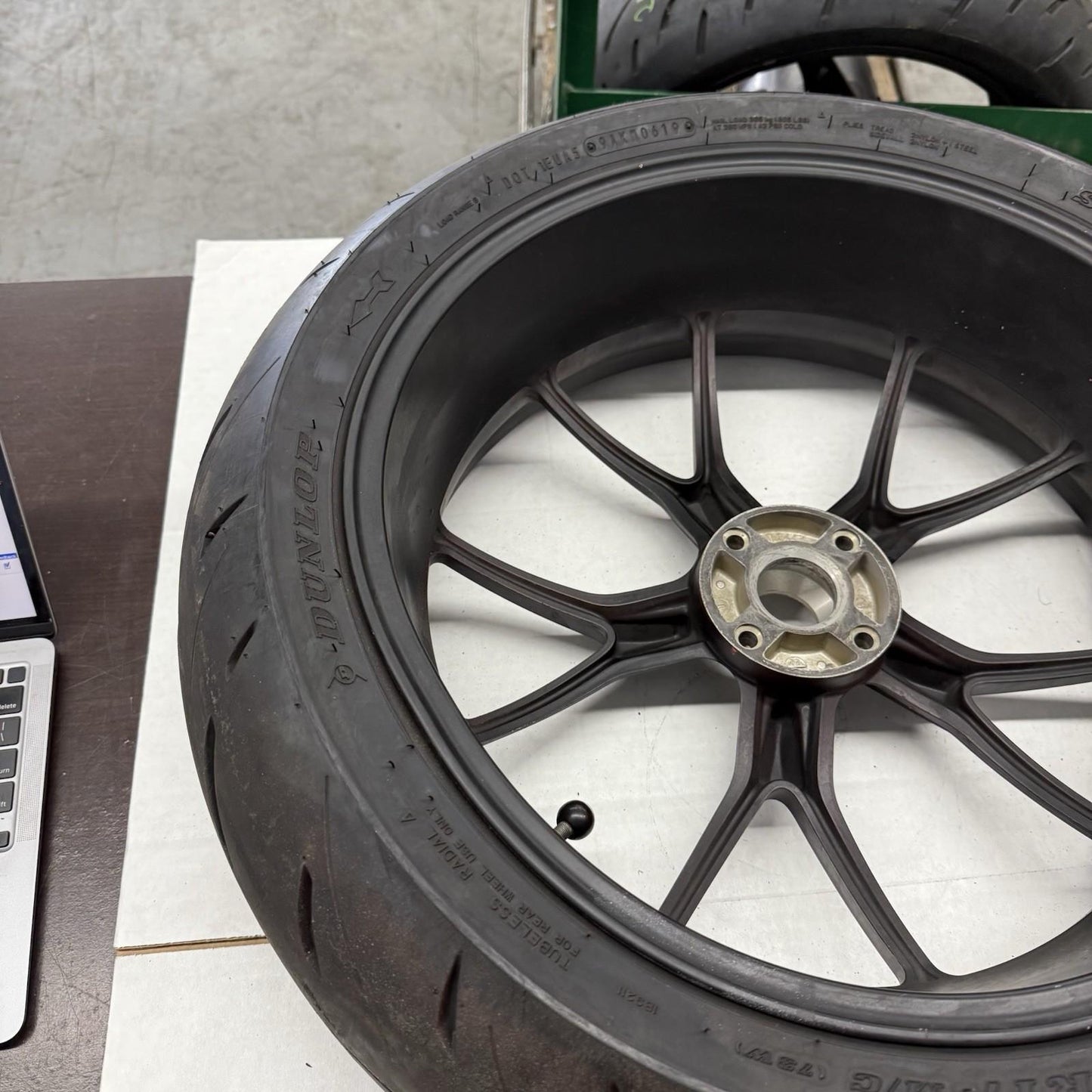 2008 - 2010 DUCATI 848 REAR WHEEL BLACK RIM STRAIGHT DUNLOP TIRE BLACK STOCK