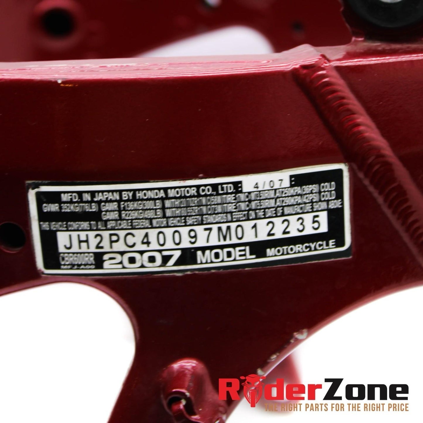 2007 - 2012 HONDA CBR600RR FRAME MAIN BODY CHASSIS RED STRAIGHT
